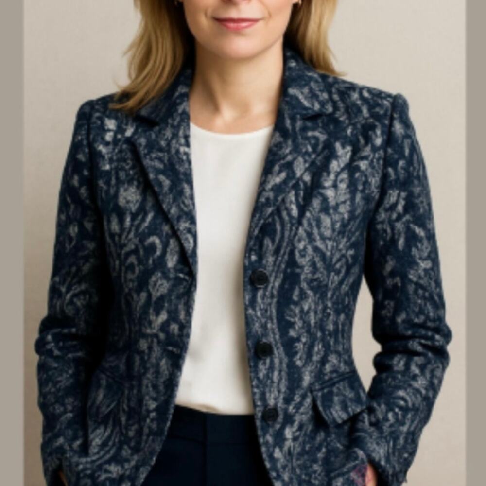 LAURA ASHLEY Paisley Wool Navy Blue Blazer Jacket size Petite Large